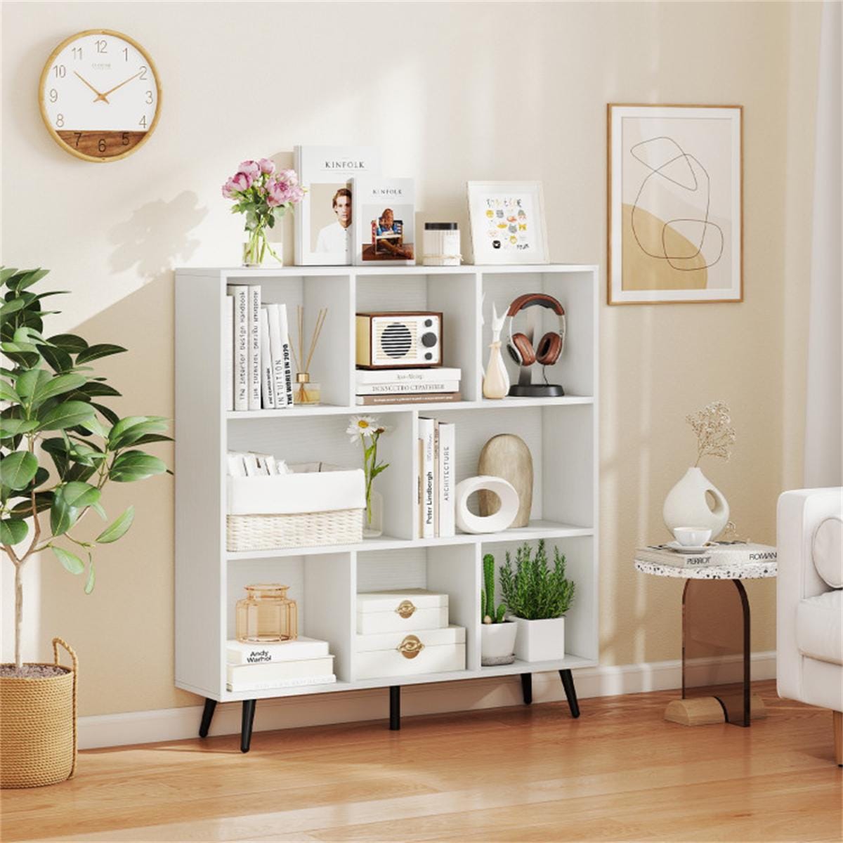 8 Cube Bookcase 3-Tier Modern Bookshelf with Metal Legs | White Storage Organizer for Home Office Decor & Display