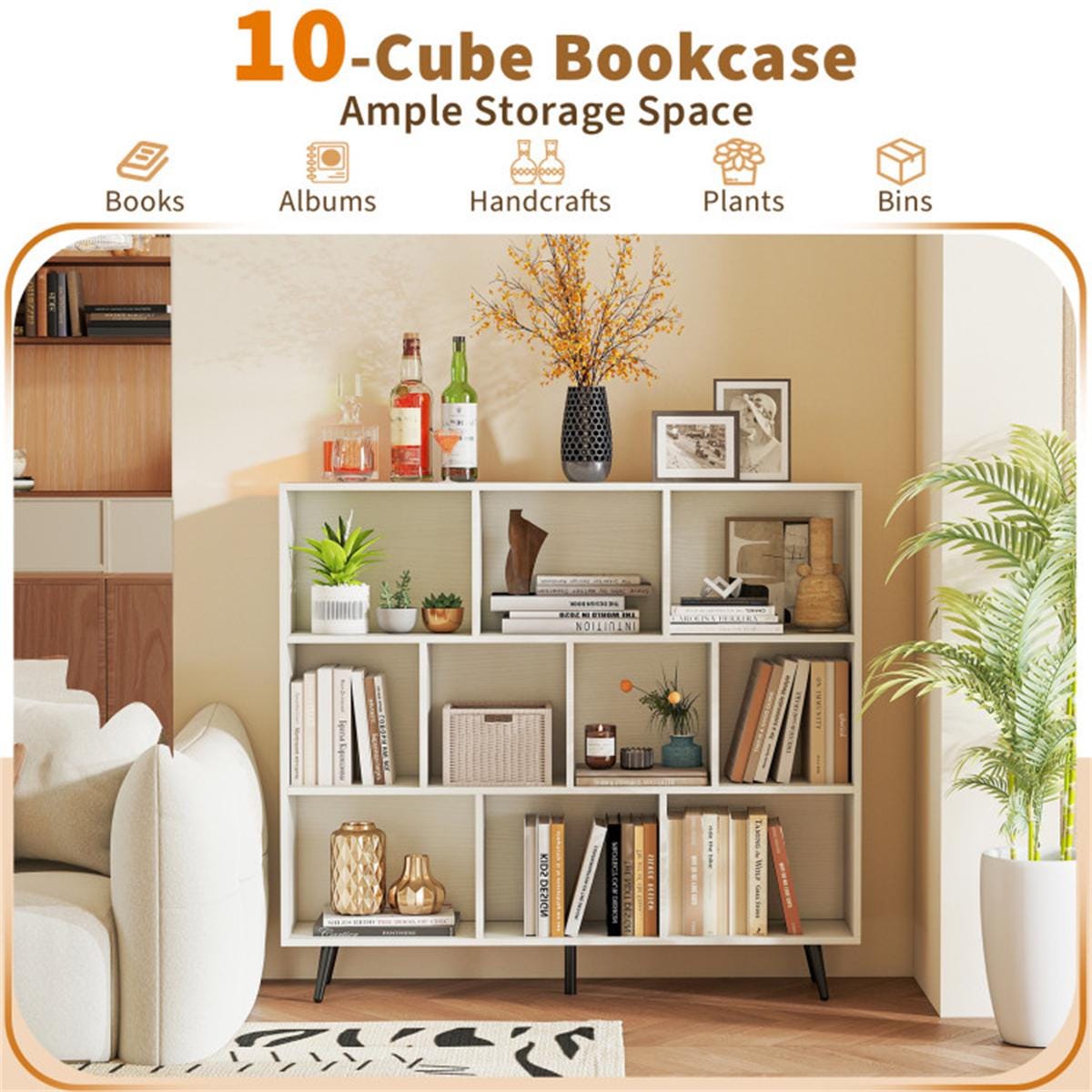 10 Cube Bookcase 3-Tier Modern Storage Organizer with Metal Legs | Bookshelves for Home, Office, Living Room, Kids Room