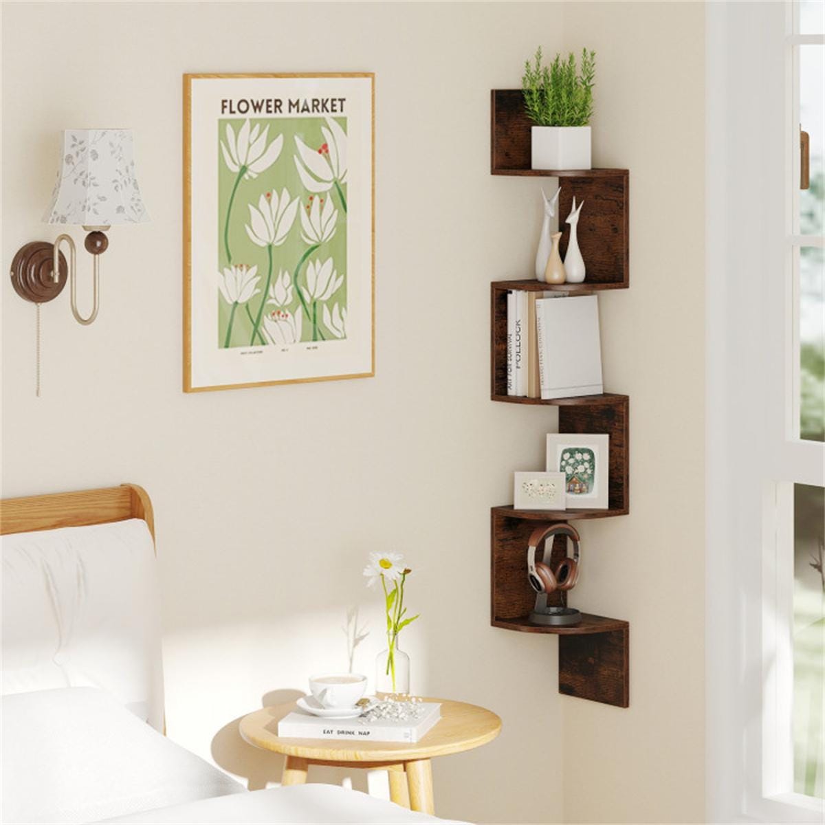 5-Tier Wall Mounted Corner Shelf Rustic Brown | Floating Bookshelf Organizer for Living Room, Bedroom, Kitchen, Office Storage