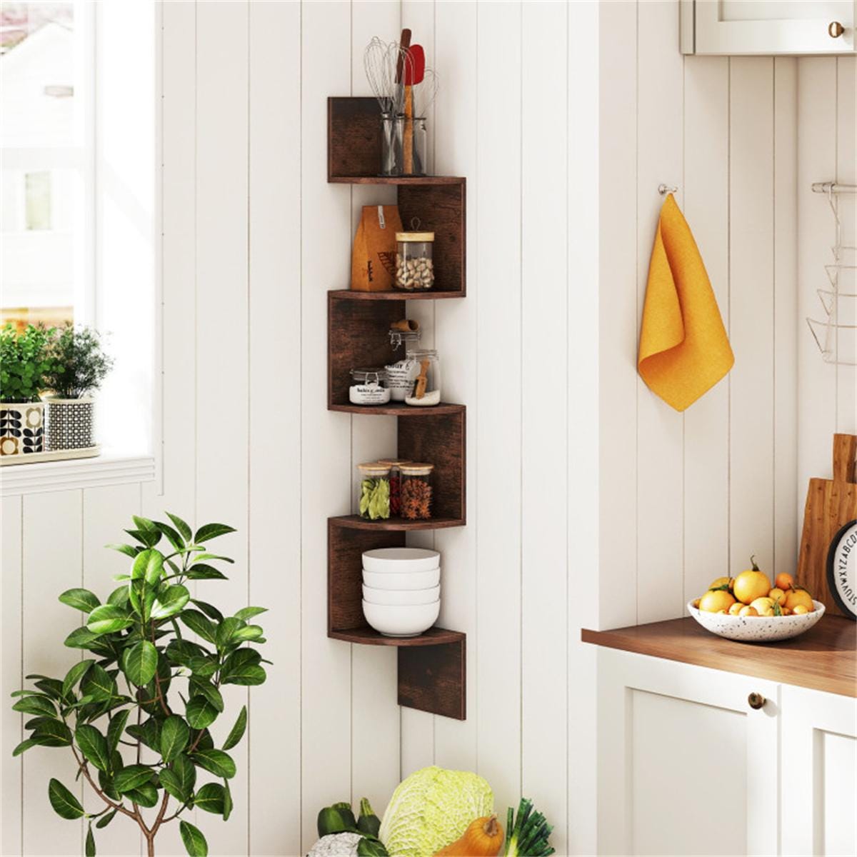 5-Tier Wall Mounted Corner Shelf Rustic Brown | Floating Bookshelf Organizer for Living Room, Bedroom, Kitchen, Office Storage